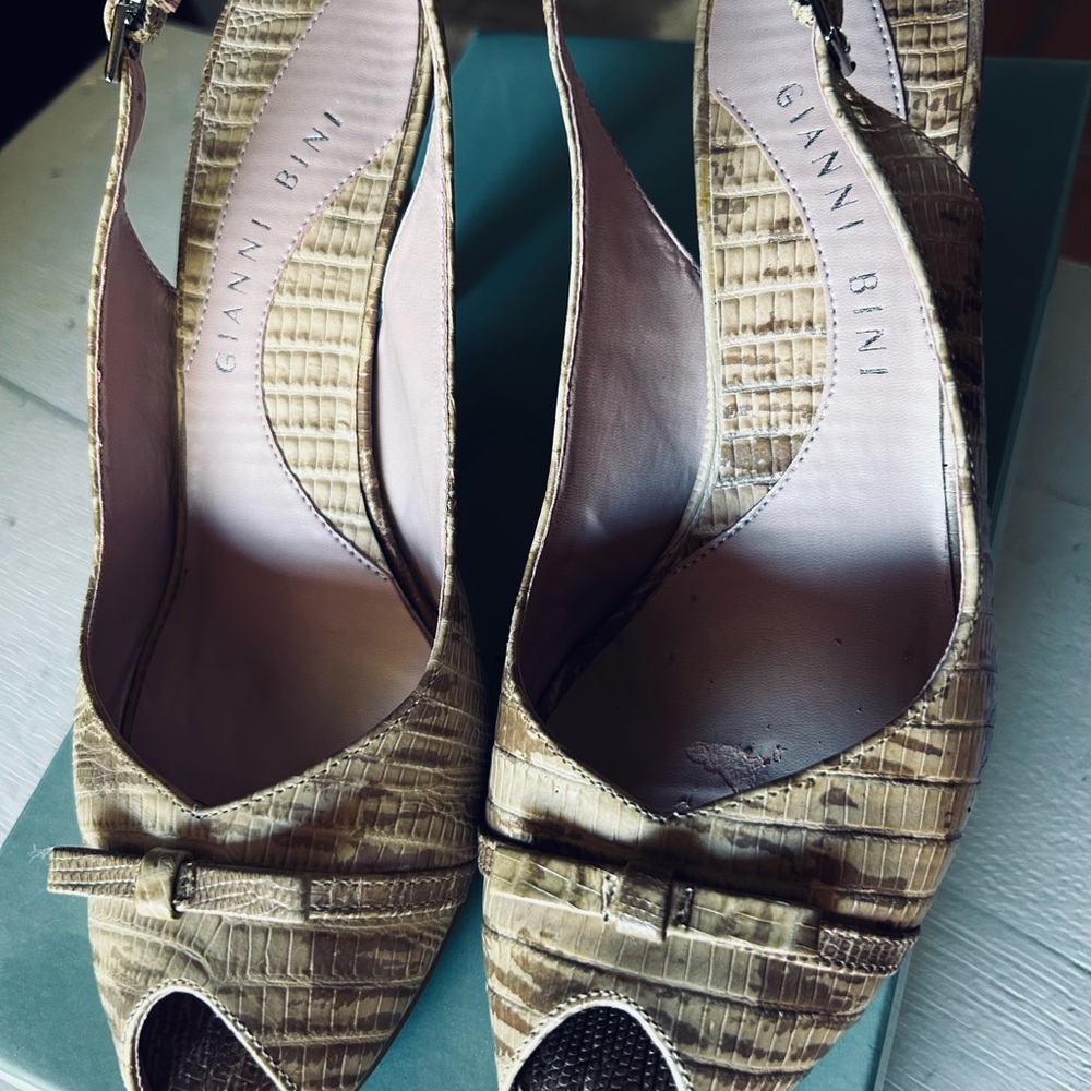 Gianni Bini Tan Woven Peep-Toe Slingback Heels - Picture 2 of 5